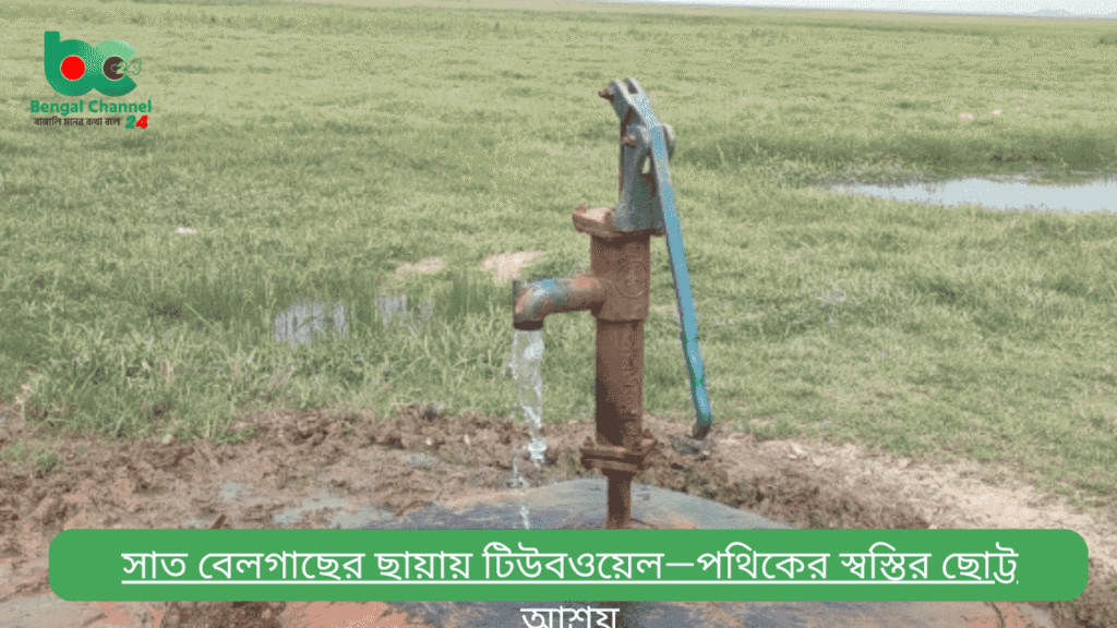 কুষ্টিয়া শহর থেকে একটু দূরে আলামপুর ইউনিয়নের দিকে এগুলেই চোখে পড়ে খোলা মাঠ আর সোনালি ধানখেতের মনোরম দৃশ্য। শহরের কোলাহল ছেড়ে এই রাস্তায় পা রাখলেই মনে হয় প্রকৃতির কাছে ফিরে এসেছি। ঠিক সেই শান্ত নির্জন পথেই রয়েছে পথিকের স্বস্তির এক ছোট্ট আশ্রয়—সাতটি বেলগাছ আর তাদের সামনে দাঁড়িয়ে থাকা একটি টিউবওয়েল। সকালের দিকে মোটরসাইকেলে করে আলামপুরের পথে বের হয় দুটি বন্ধু। দহকুলা গ্রাম পেরোতেই চারপাশে বিস্তীর্ণ ধানখেত। কৃষকেরা ব্যস্ত ফসল কাটায়। পথের মাঝেই হঠাৎ মোবাইলে আসে ভূমিকম্পের খবর, কিন্তু নির্জন মাঠে কিছুই টের পাওয়া যায় না। এমন সময় সামনে দেখা যায় পাশাপাশি দাঁড়িয়ে থাকা সাতটি বেলগাছ; নিচে একটি টিউবওয়েল, পাশে ঝুলছে রাবারের দড়িতে বাঁধা ছোট প্লাস্টিকের কাপ। এ যেন প্রকৃতির মাঝে মানবিক ব্যবস্থার এক ছোট্ট ছোঁয়া। টিউবওয়েল থেকে পানি তুলে পথিকের তৃষ্ণা মিটতে না মিটতেই রাস্তা ধরে আসেন এক ভ্যানচালক। তিনিও নামেন সেই বেলগাছের ছায়ায়, তুলে নেন ঠান্ডা পানি। কথায় কথায় জানান—দীর্ঘ এই সড়কের পাশে বড় গাছ বলতে প্রায় কিছুই নেই। এমন সময় এই সাতটি বেলগাছই পথিককে দেয় ছায়া আর টিউবওয়েল দেয় প্রাণের পানি। স্থানীয়দের জানা মতে, প্রায় দুই বছর আগে এক অবসরপ্রাপ্ত ব্যাংক কর্মকর্তা কৃষক ও পথচারীদের সুবিধার কথা ভেবে টিউবওয়েলটি বসান। দূরের মাঠে আরও কয়েকটি টিউবওয়েল থাকলেও, দীর্ঘ এই পথের পাশে এটি ছাড়া নেই। তাই প্রতিদিন বহু মানুষই এখানে এসে খানিকটা স্বস্তি নিয়ে থামেন। বেলগাছগুলোর ডালে সারাক্ষণ উড়াউড়ি করে পাখিরা। মাঝে মাঝে তারা উঠে যায় আকাশে, আবার ফিরে আসে। টিউবওয়েল, গাছ আর খোলা মাঠ—সব মিলিয়ে এটি যেন পথের ক্লান্ত পথিকদের জন্য ছোট্ট বিশ্রামস্থল। মিনিট কয়েক দাঁড়িয়ে থাকলেও জায়গাটি মনে গেঁথে যায়। সামনে নাজিরপুরের রাস্তা, আর পেছনে রেখে যাওয়া সাত বেলগাছ ও টিউবওয়েলটিই যেন স্মরণ করিয়ে দেয়—পথের ধারে এমন ছোট্ট ব্যবস্থাও অনেক মানুষের তৃষ্ণা মেটায়, বিরতি এনে দেয় ক্লান্ত যাত্রায়